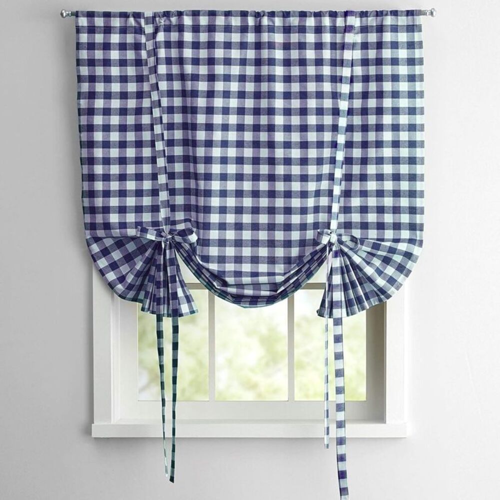 Navy Blue Buffalo Check Tie Up Shades for Kitchen Bathroom Plaid Tie-iup Window